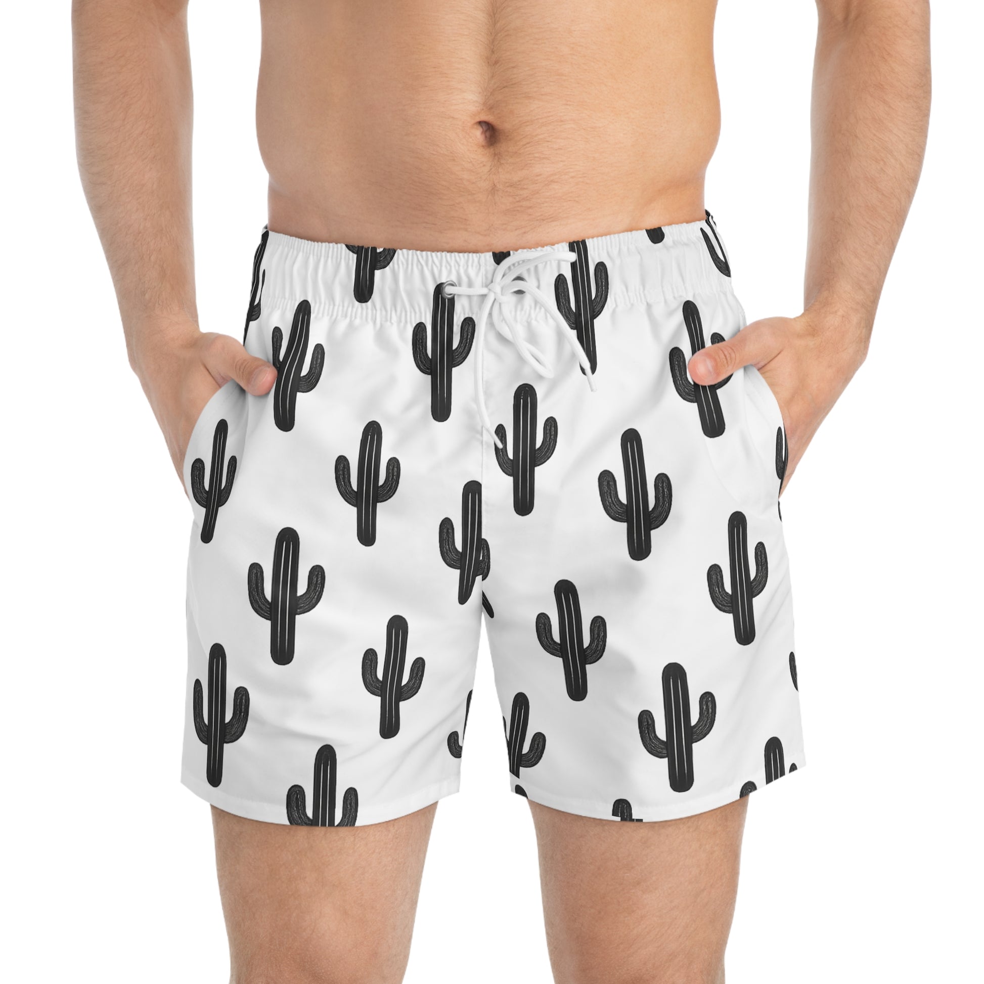 Desert Runners Co. – White Cactus Pattern Swim Trunks